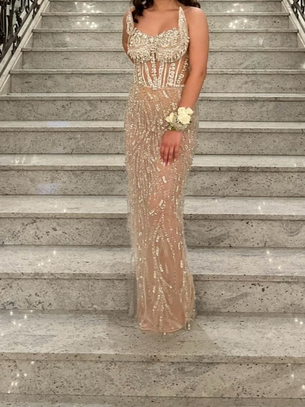 Embellished Nude Sheer Evening Gown